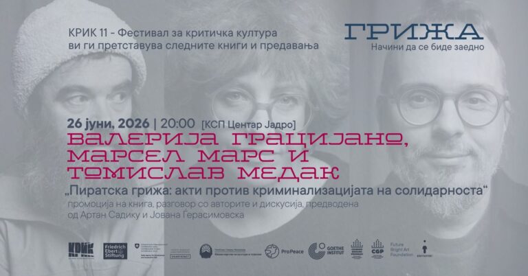 „Пиратска грижа: акти против криминализацијата на солидарноста“ промоција на книга и разговор со Валерија Грацијано, Марсел Марс и Томислав Медак